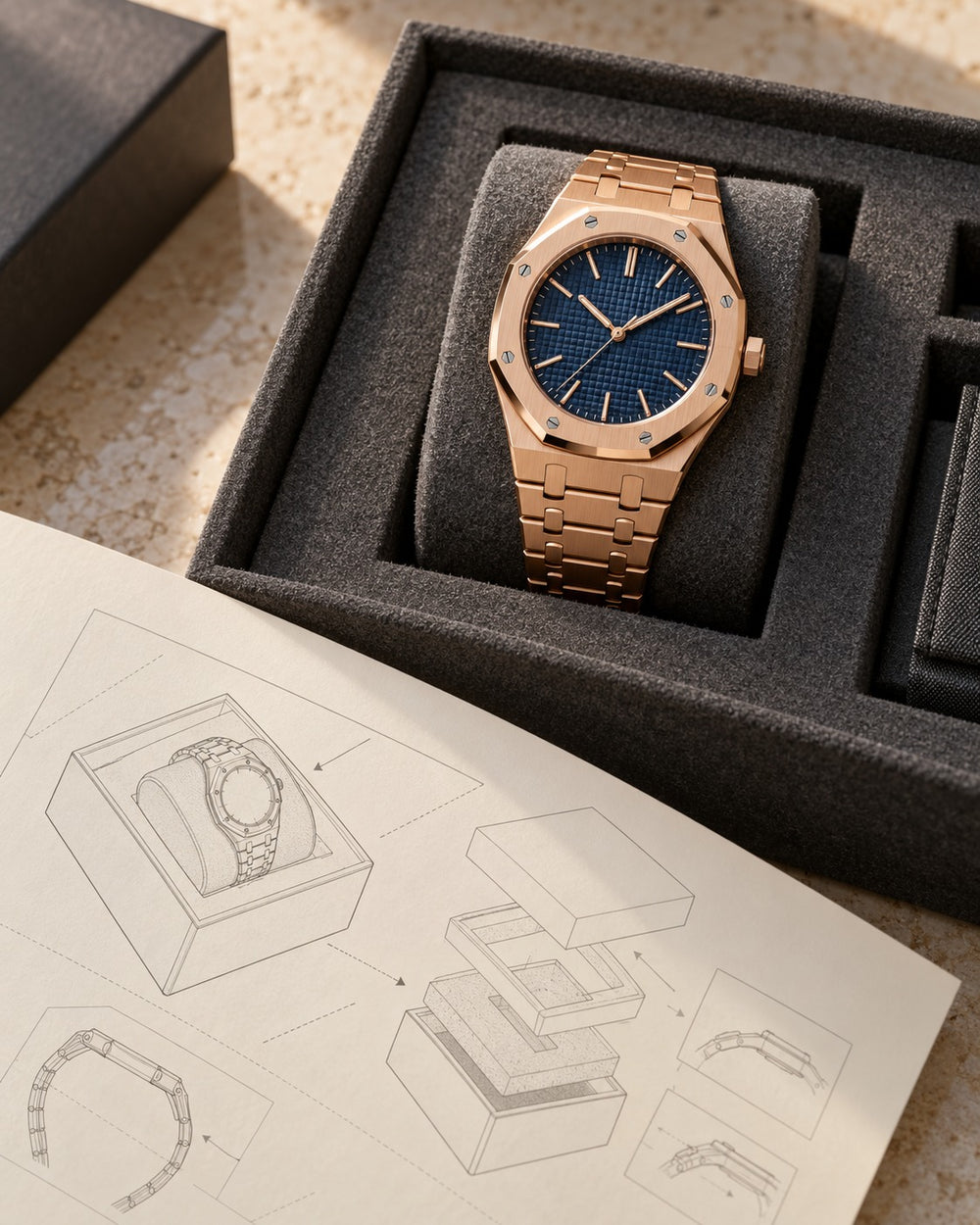 A blue dial watch on a protective cushion