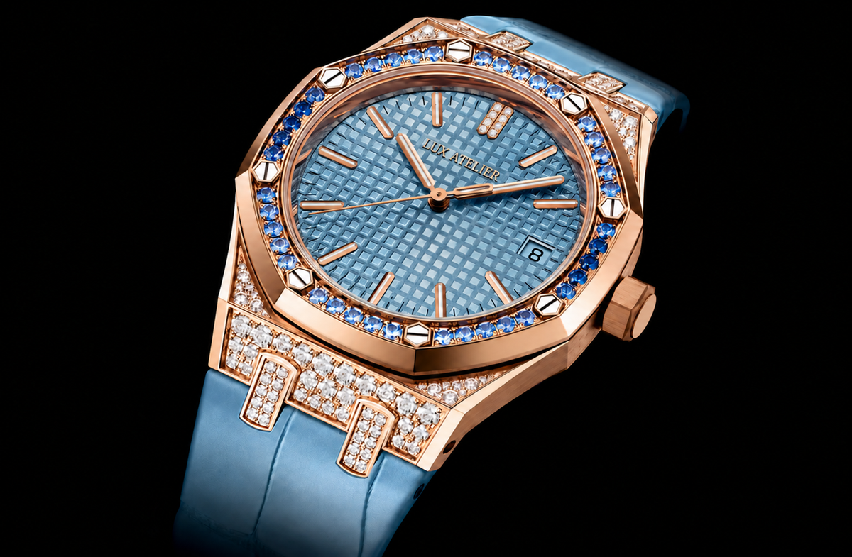 Rose Gold-Tone Ice Blue Crystal-Set Watch – Light Blue Strap