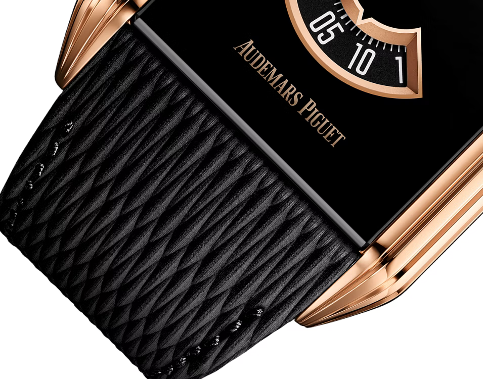 Black & Rose-Gold-Tone Jumping Hour Watch – Rectangular Case & Textured Black Strap