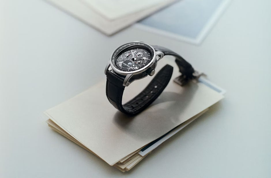 Openworked Multi-Display Watch – Black Dial & Leather Strap