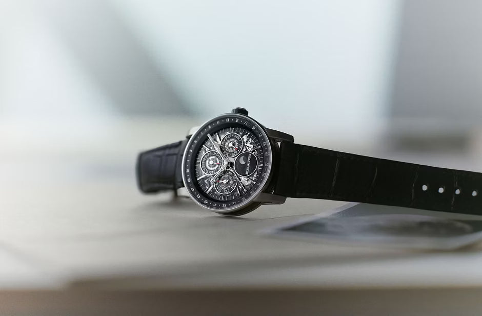 Openworked Multi-Display Watch – Black Dial & Leather Strap