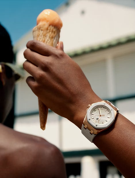 Ivory & Rose-Gold-Tone Sport Watch – Textured Dial & White Performance Strap
