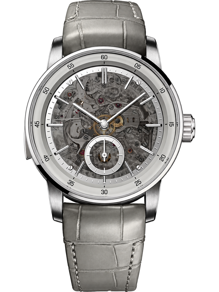 Smoked Skeleton Dress Watch – Silver Case & Grey Leather Strap