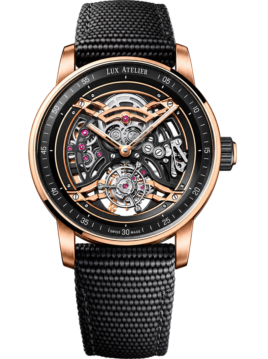 Openworked Skeleton Watch – Rose Gold Tone & Black Strap