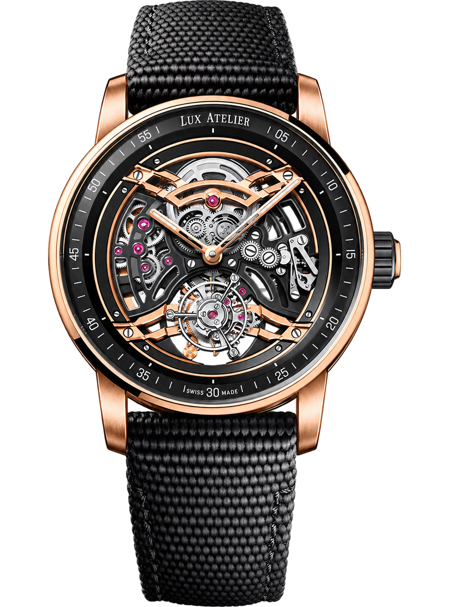 Openworked Skeleton Watch – Rose Gold Tone & Black Strap