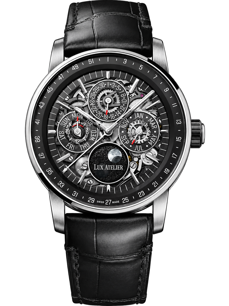 Openworked Multi-Display Watch – Black Dial & Leather Strap