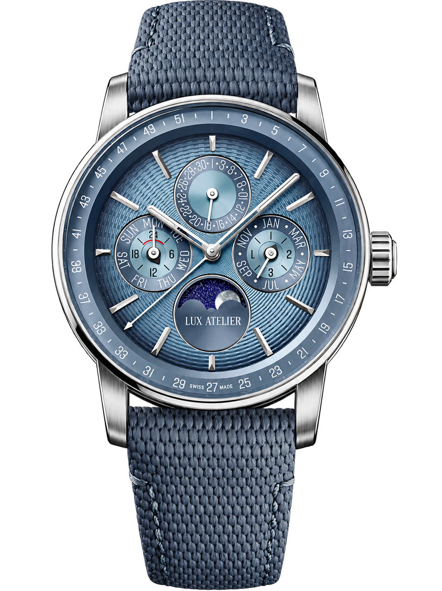 Blue Multi-Display Moonphase Watch – Silver Case & Blue Strap