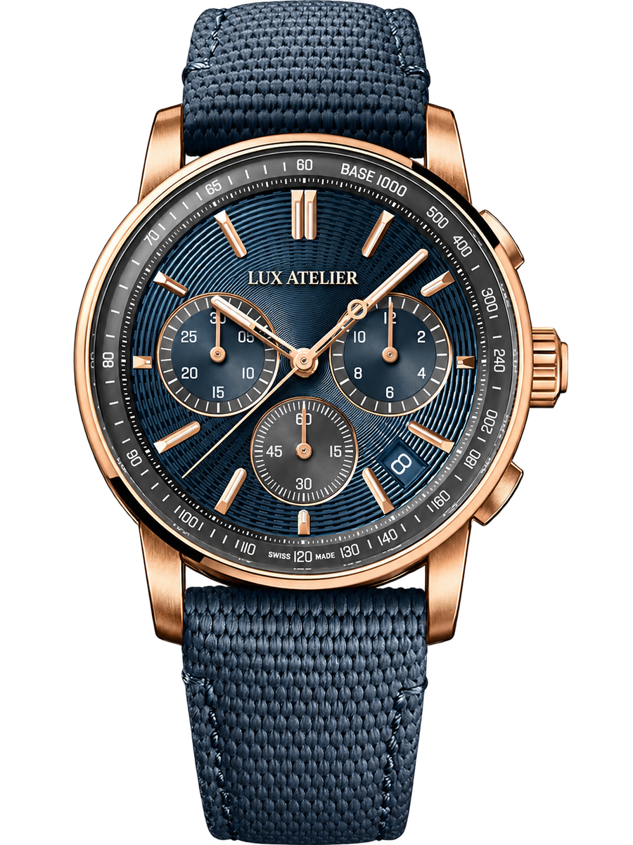 Midnight Blue Chronograph-Style Watch – Rose Gold Tone & Blue Strap