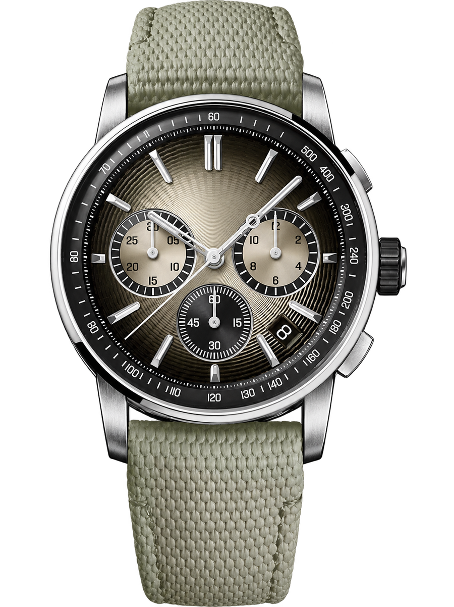 Sand Dial Chronograph-Style Watch – Silver Case & Beige Strap