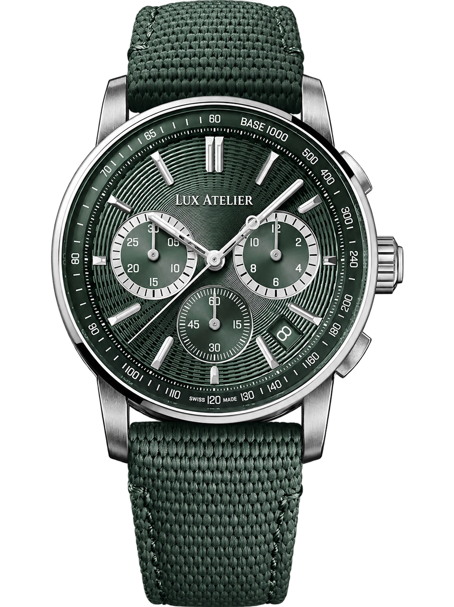 Deep Green Chronograph-Style Watch – Silver Case & Green Strap