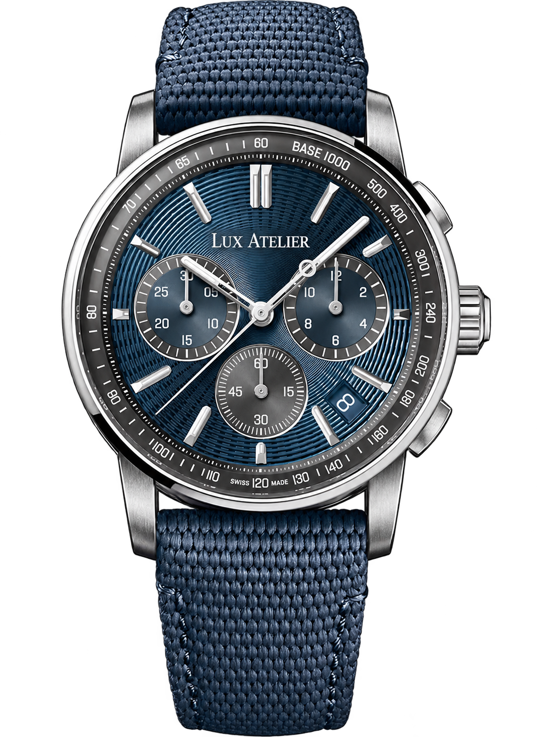 Deep Blue Chronograph-Style Watch – Silver Case & Blue Strap