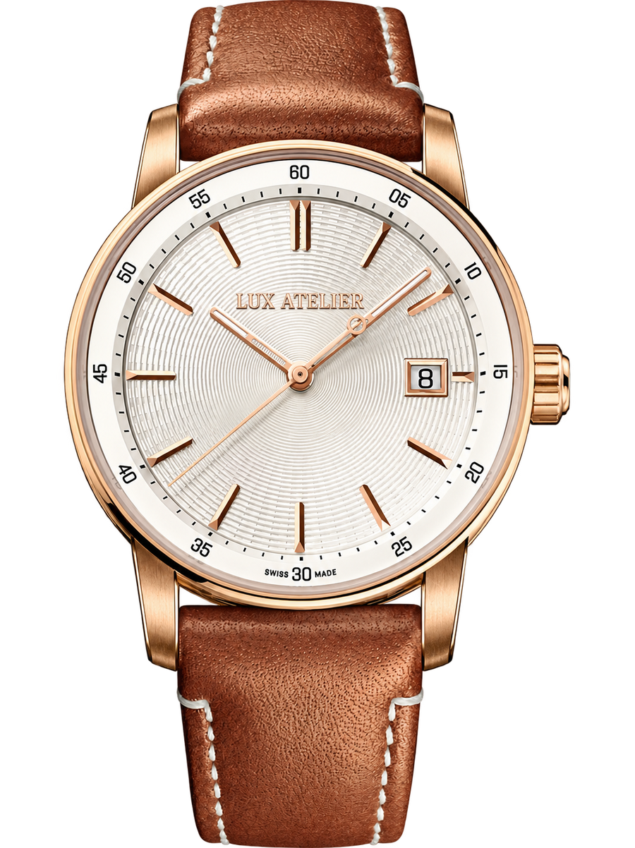 Ivory Dial Dress Watch – Rose Gold Tone & Brown Strap