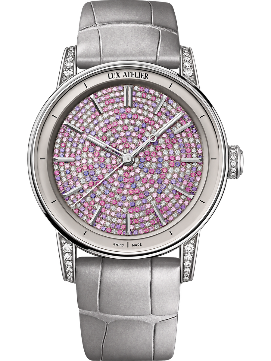 Crystal Pink Pavé Dress Watch – Silver Tone & Grey Strap