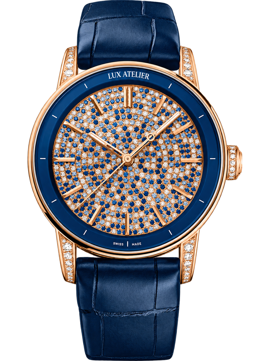 Blue Pavé Dress Watch – Rose Gold Tone & Navy Strap