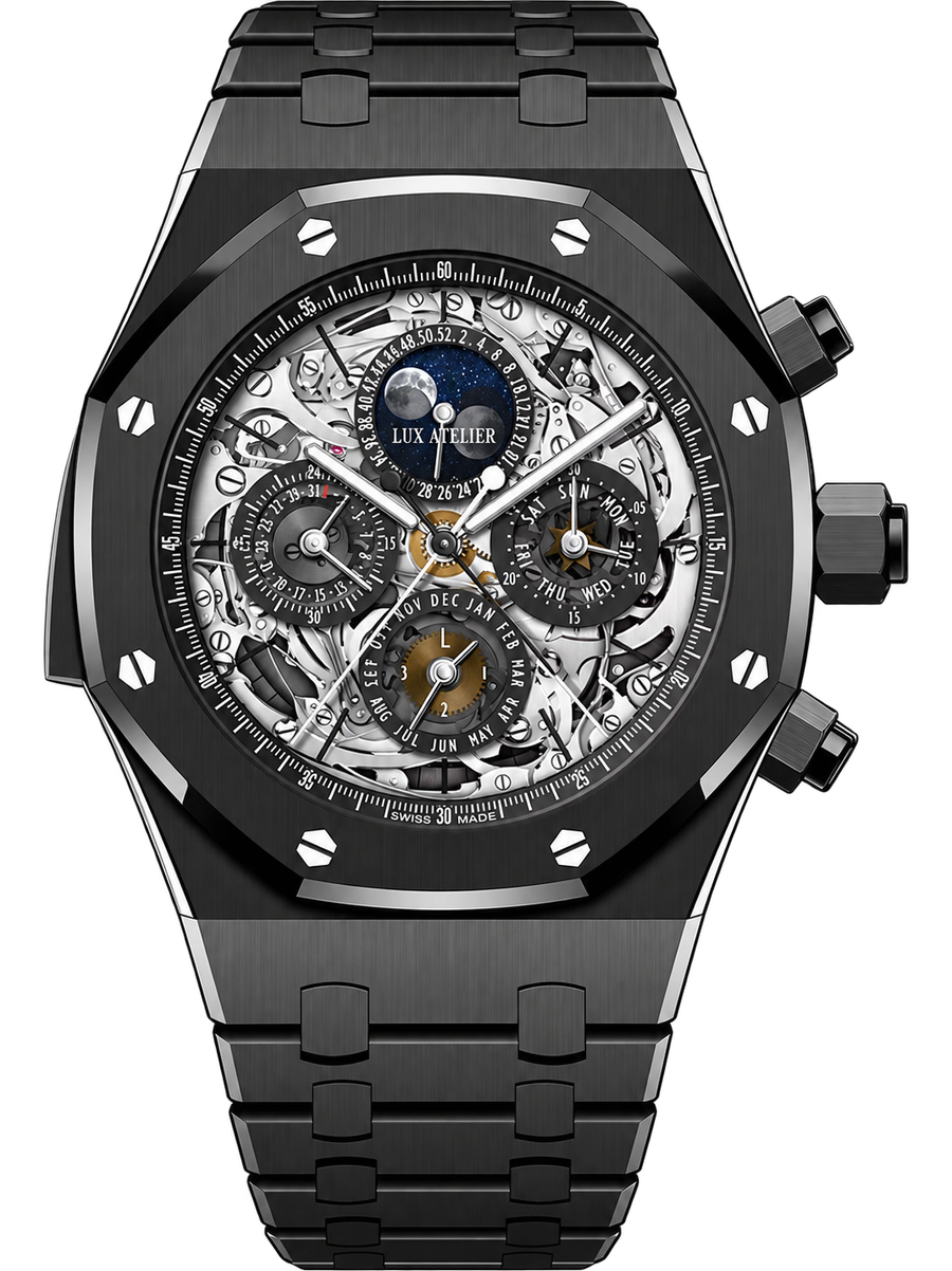 Black Skeleton Multi-Display Watch – Integrated Bracelet