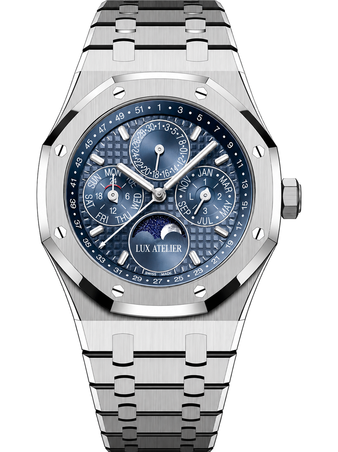 Blue Multi-Display Watch – Silver-Tone Integrated Bracelet
