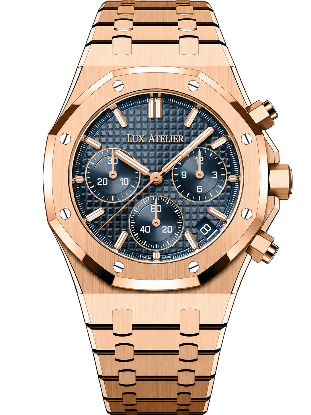 Rose Gold-Tone Blue Multi-Display Sport Watch – Integrated Bracelet
