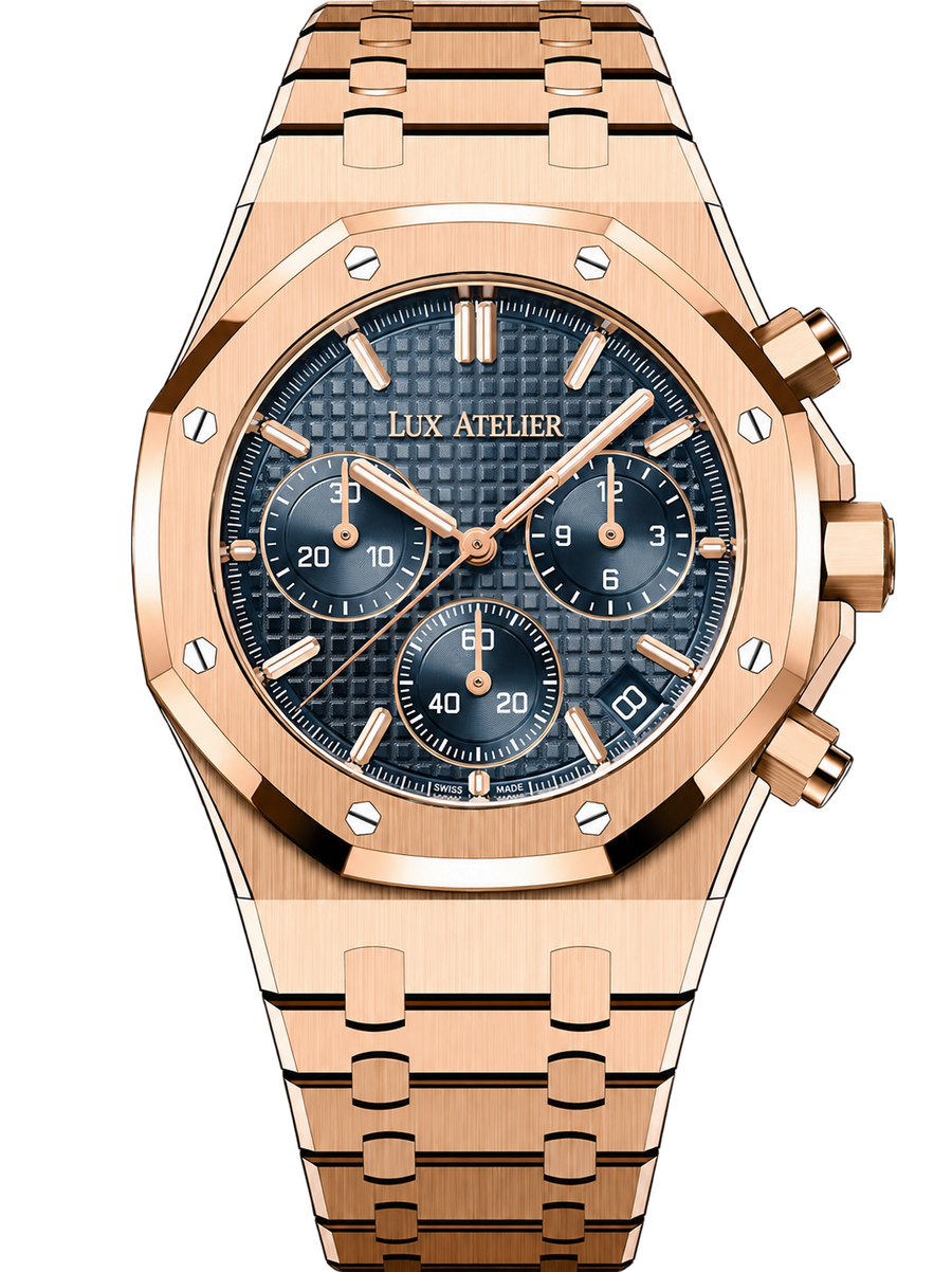 Rose Gold-Tone Blue Multi-Display Sport Watch – Integrated Bracelet