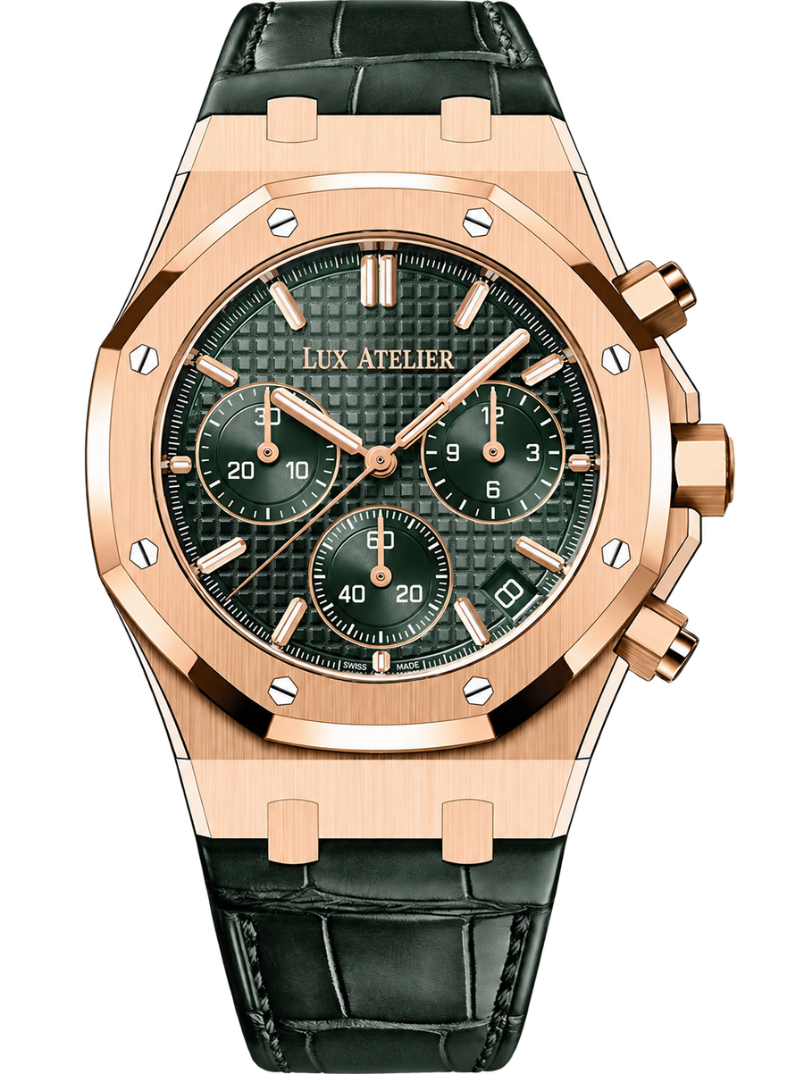 Rose Gold-Tone Green Multi-Display Watch – Green Strap