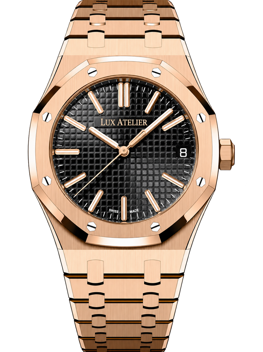 Rose Gold-Tone Black Textured Watch – Integrated Bracelet