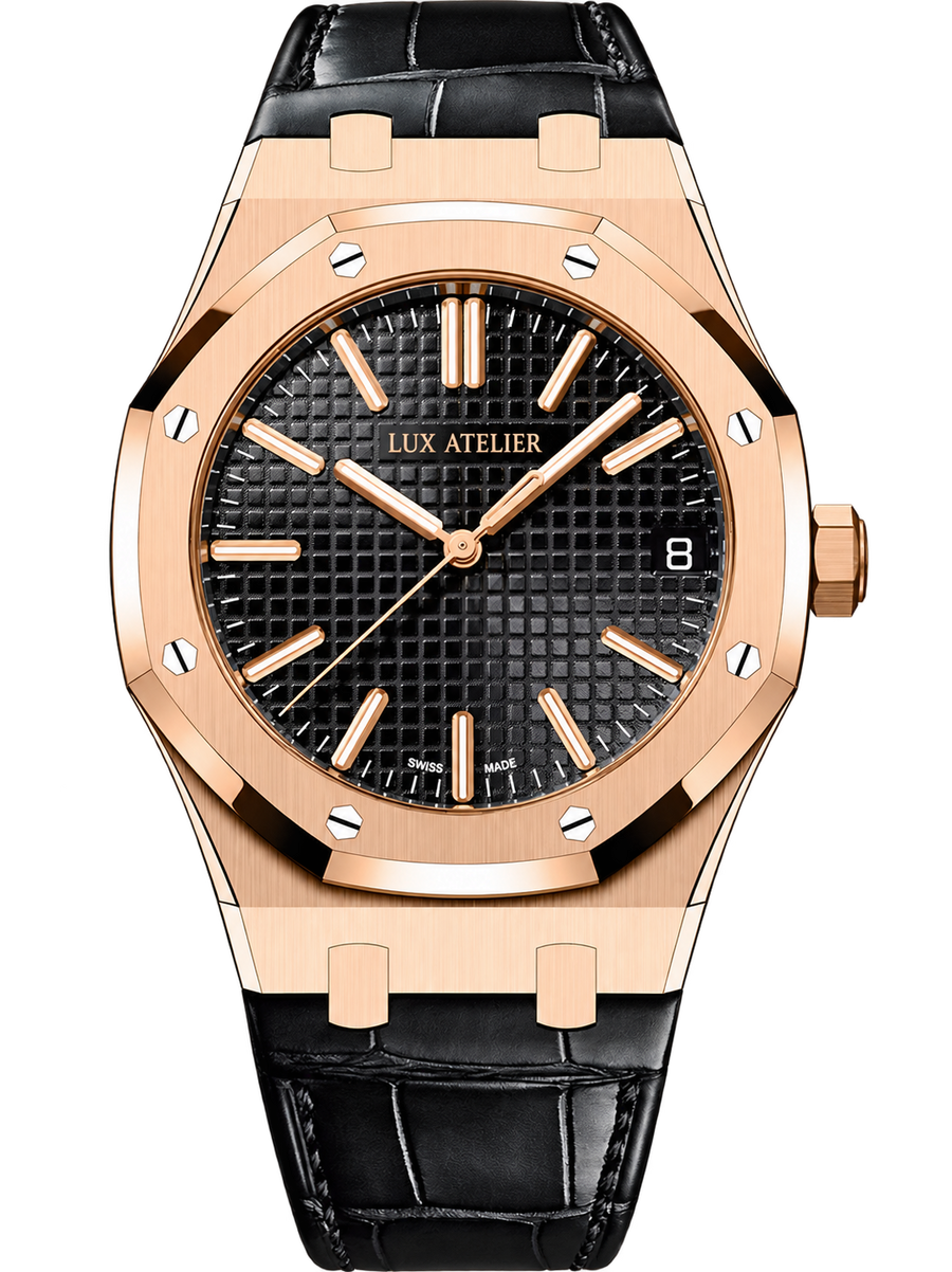 Rose Gold-Tone Black Textured Dress Watch – Black Strap