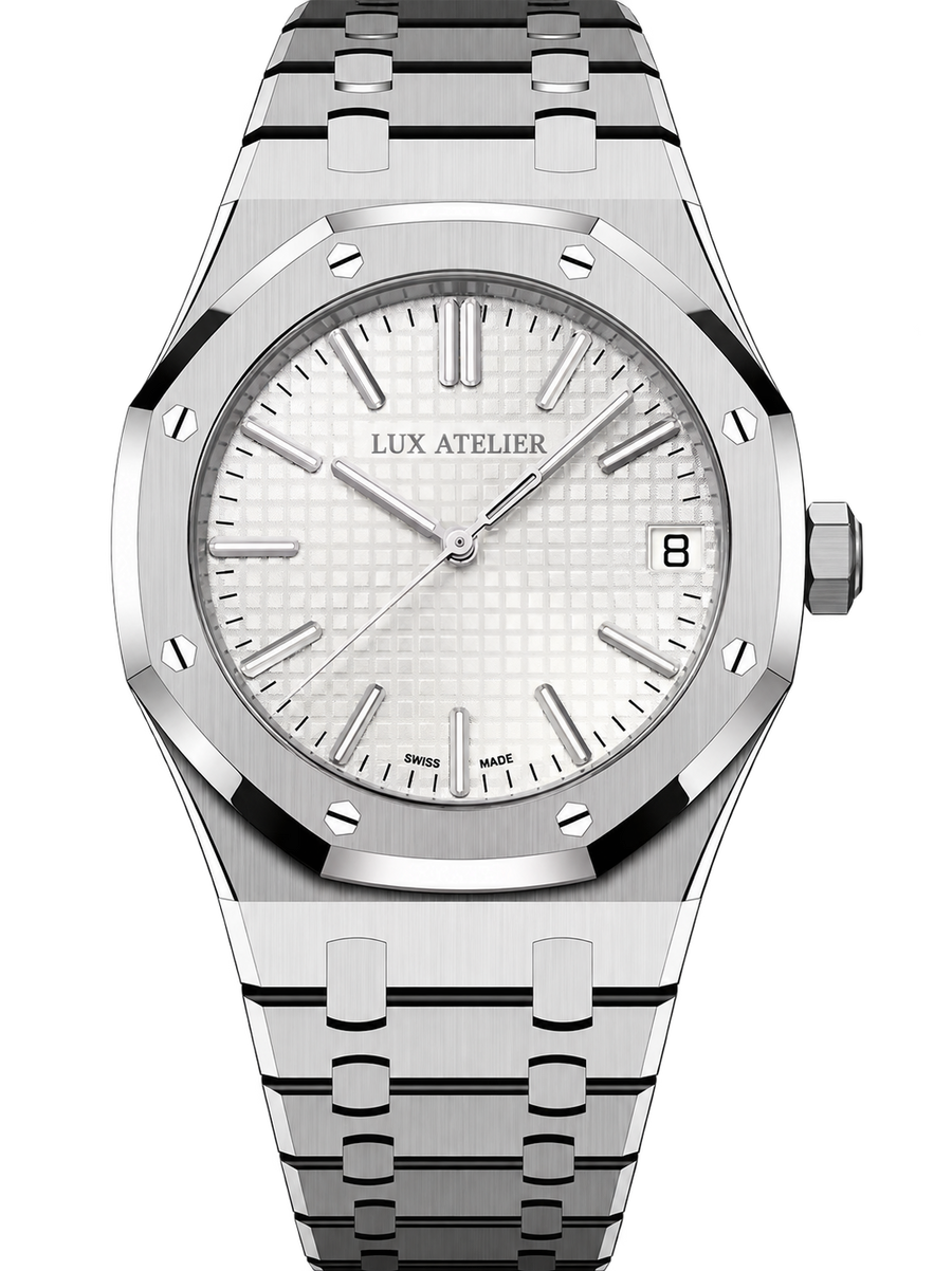 Silver-Tone White Textured Watch – Integrated Bracelet