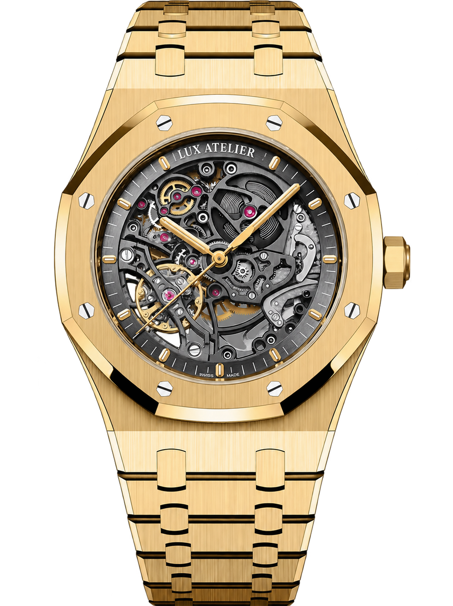 Gold-Tone Skeleton Open-Work Watch – Integrated Bracelet
