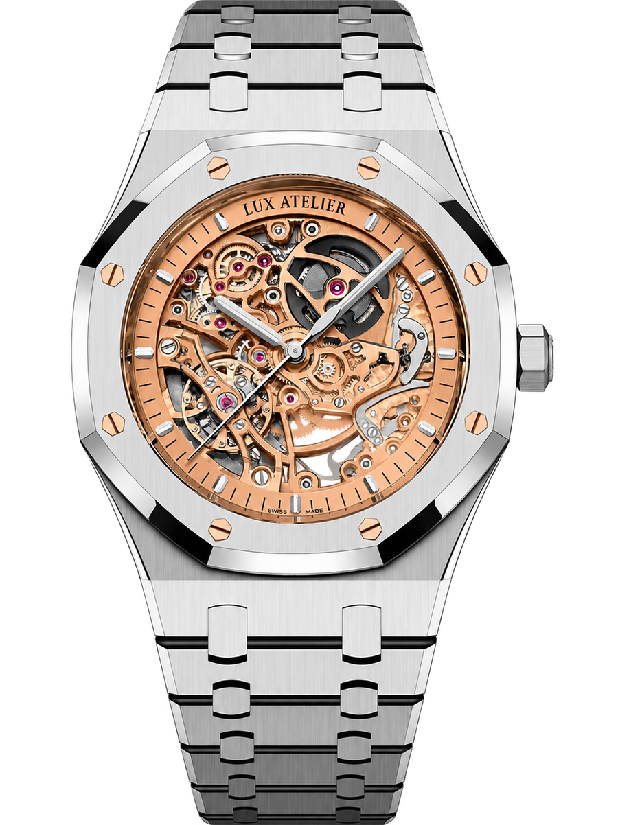 Silver-Tone Rose Gold Open-Work Watch – Integrated Bracelet