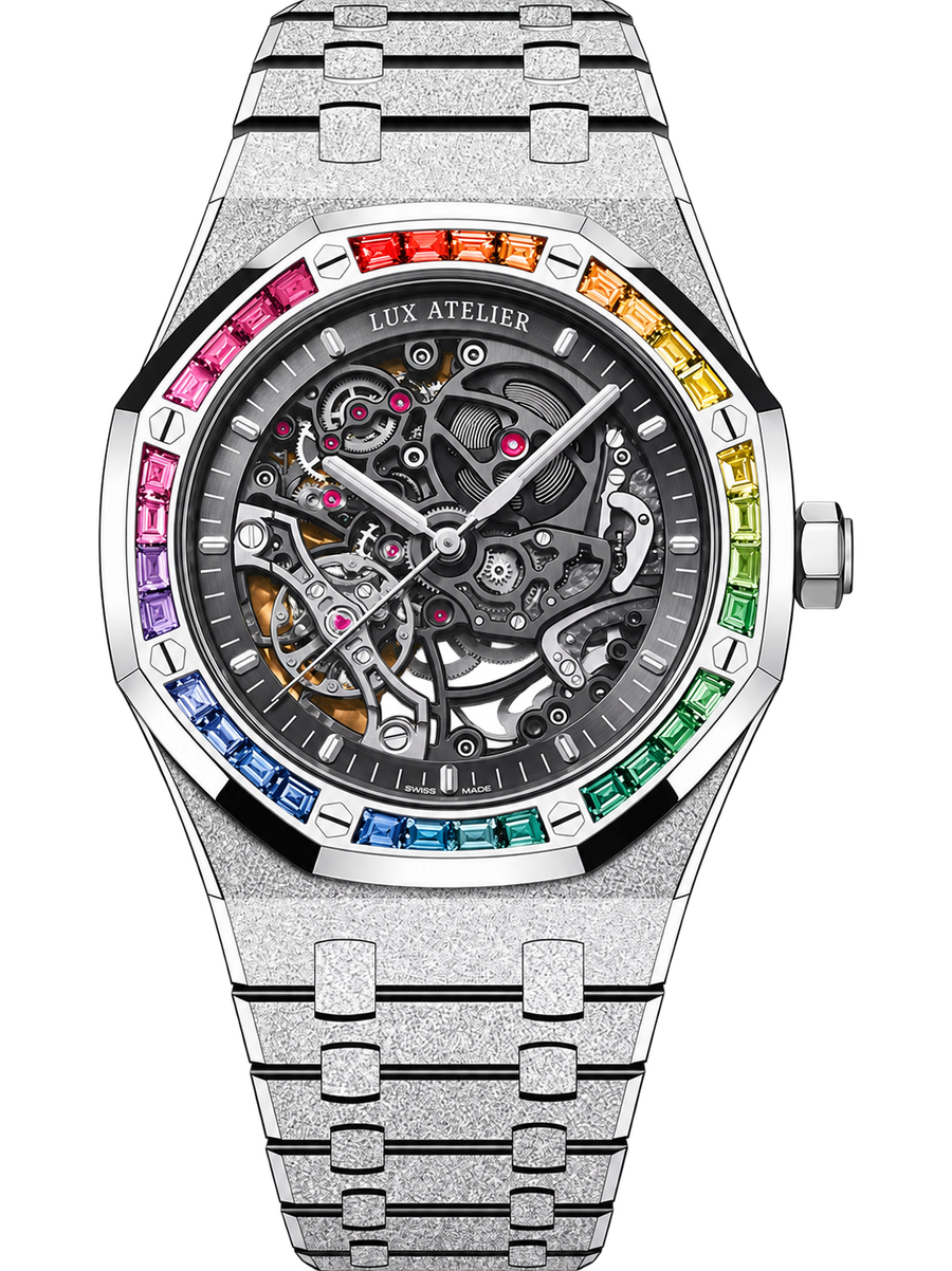 Frosted Silver-Tone Rainbow Open-Work Watch – Integrated Bracelet