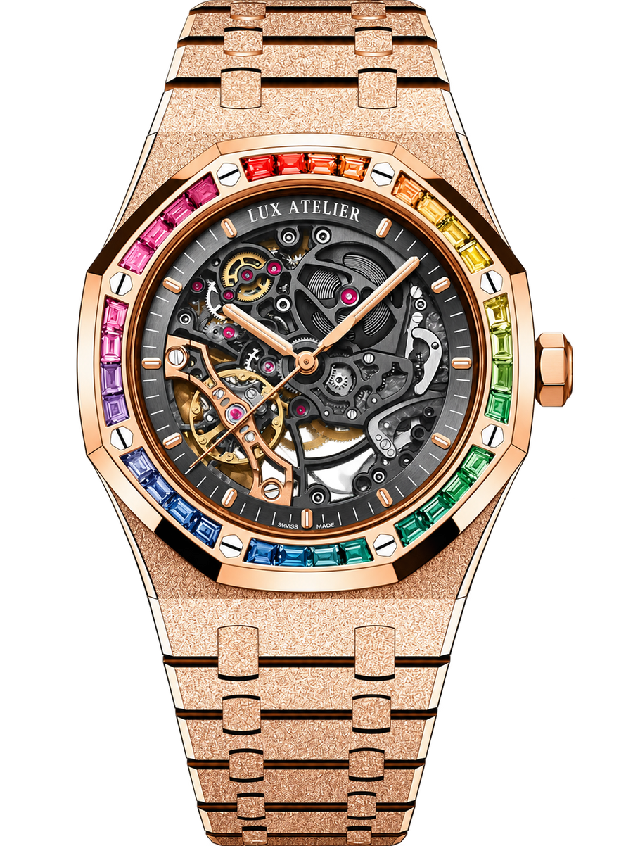 Frosted Rose Gold-Tone Rainbow Open-Work Watch – Integrated Bracelet