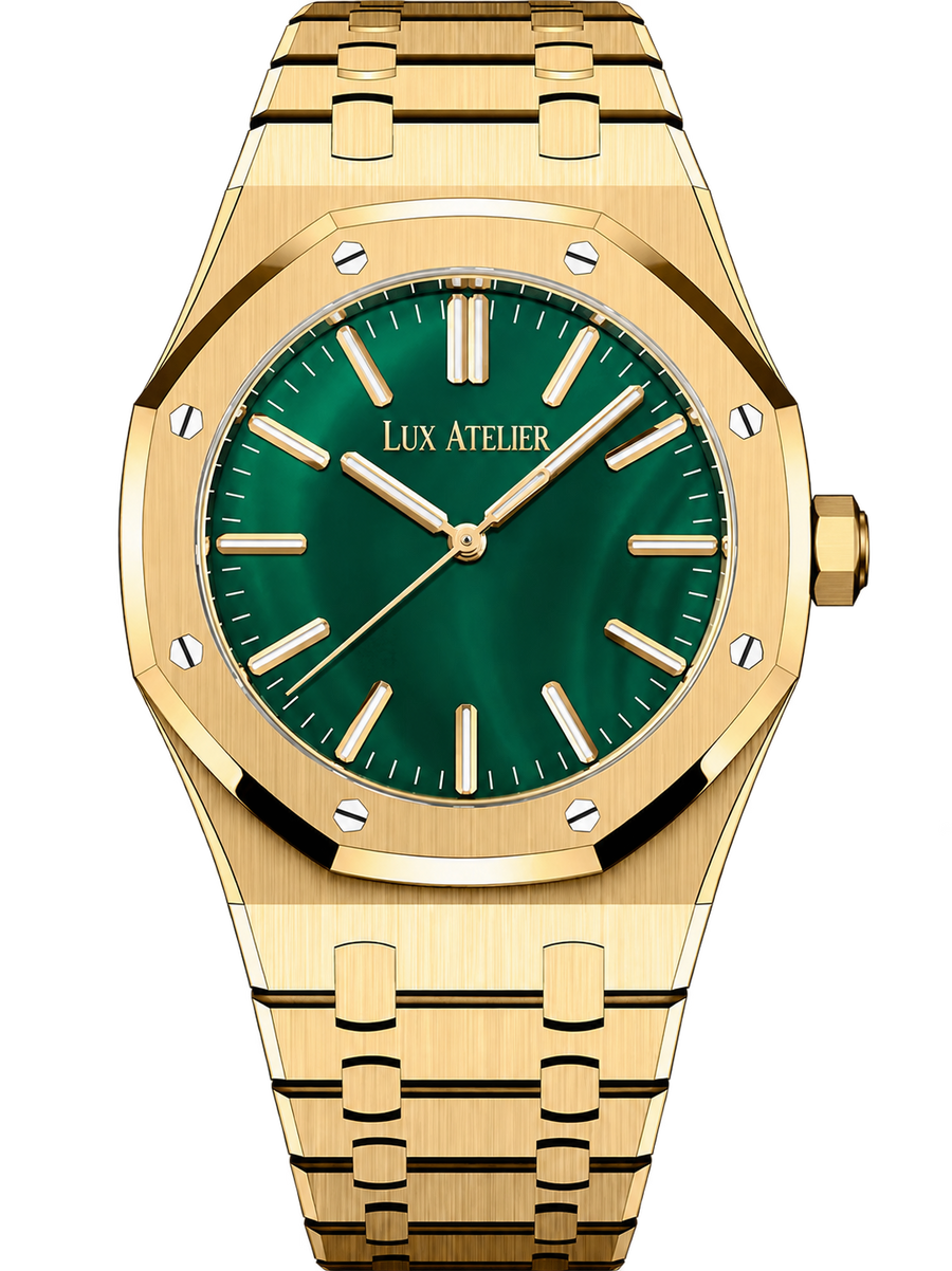 Gold-Tone Green Stone-Inspired Watch – Integrated Bracelet