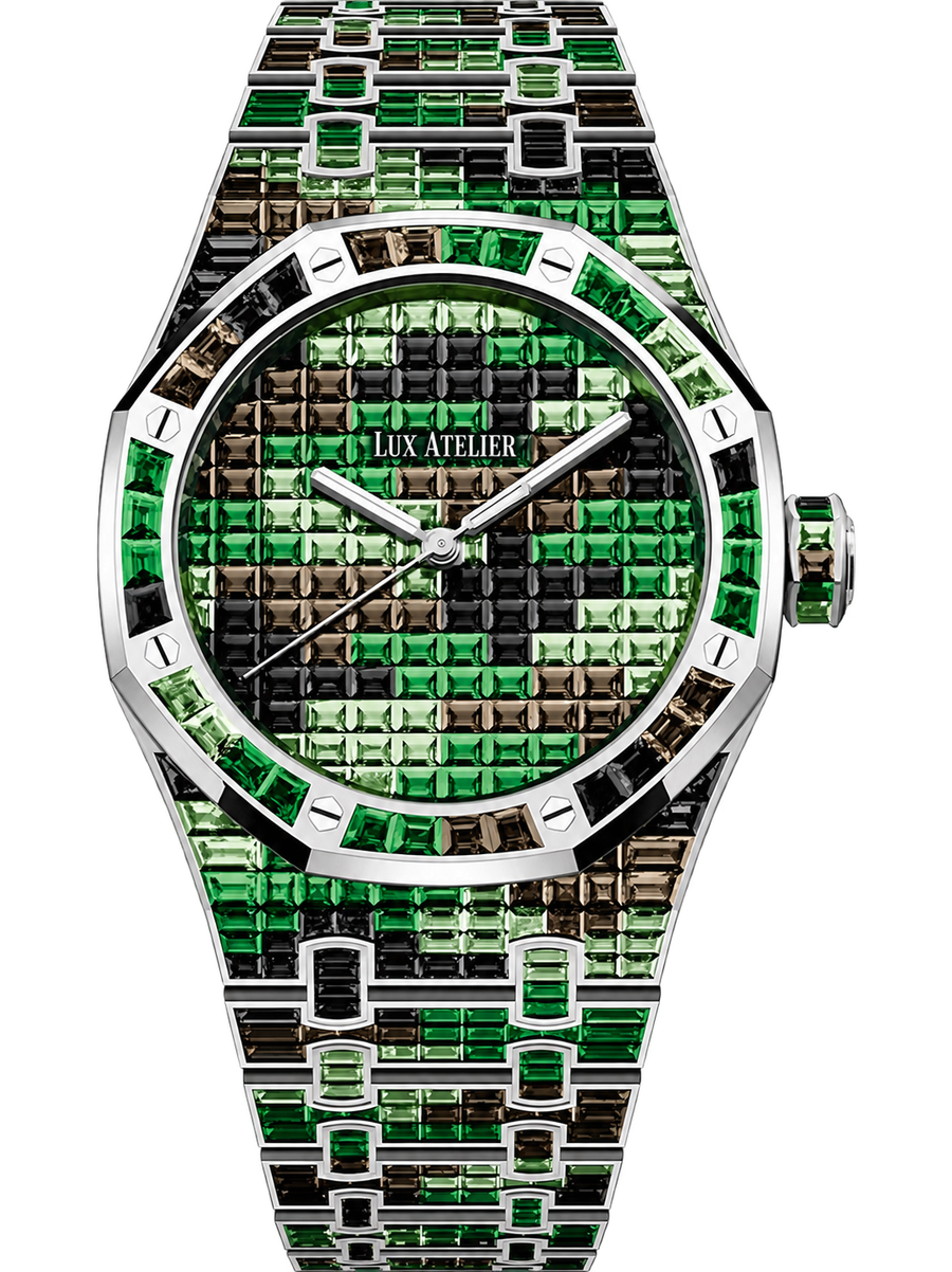 Green Camo Crystal-Set Watch – Silver-Tone Integrated Bracelet