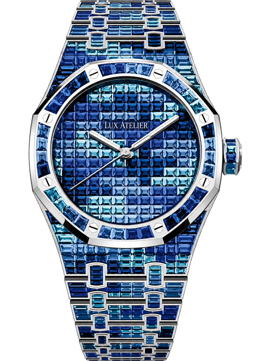Blue Crystal-Set Camo Watch – Silver-Tone Integrated Bracelet