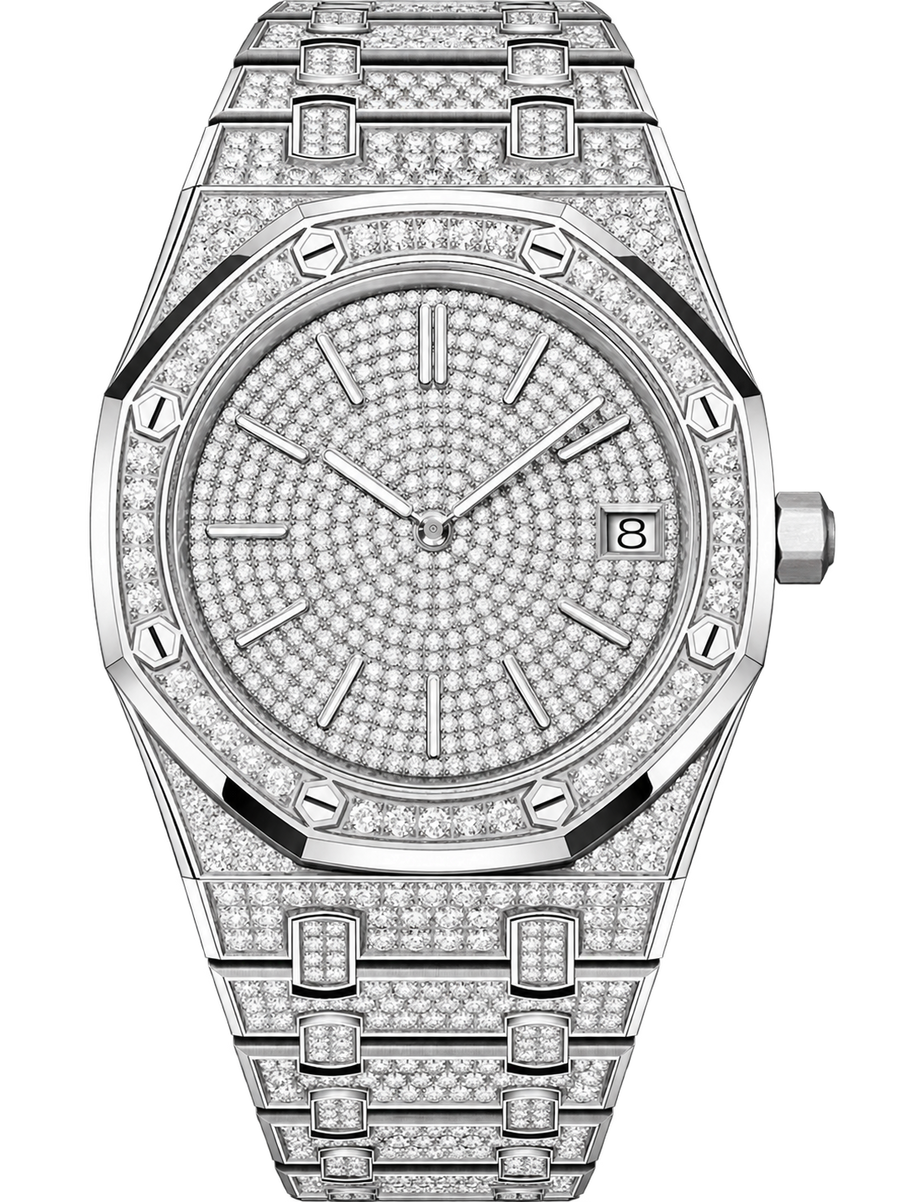Silver-Tone Full Pavé Crystal-Set Watch – Integrated Bracelet