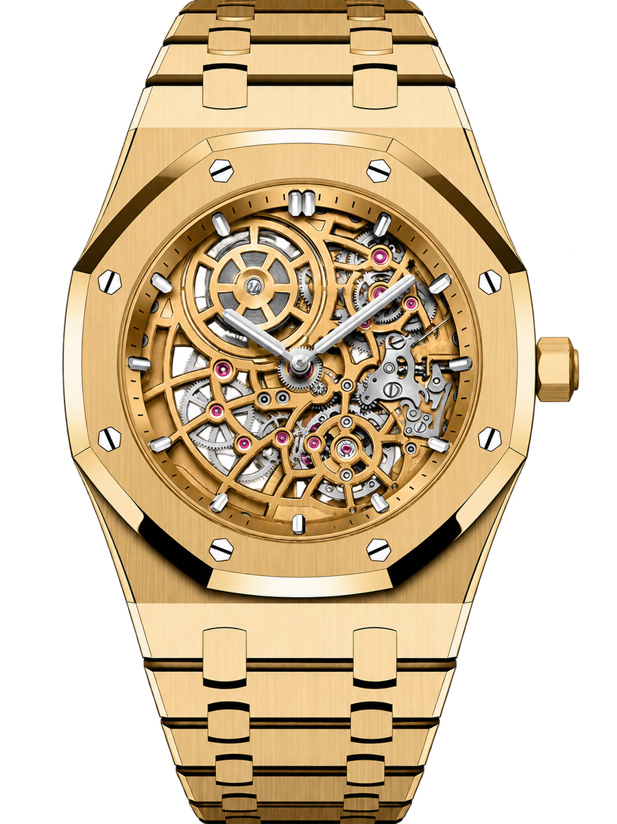 Gold-Tone Skeleton Open-Work Watch – Integrated Bracelet
