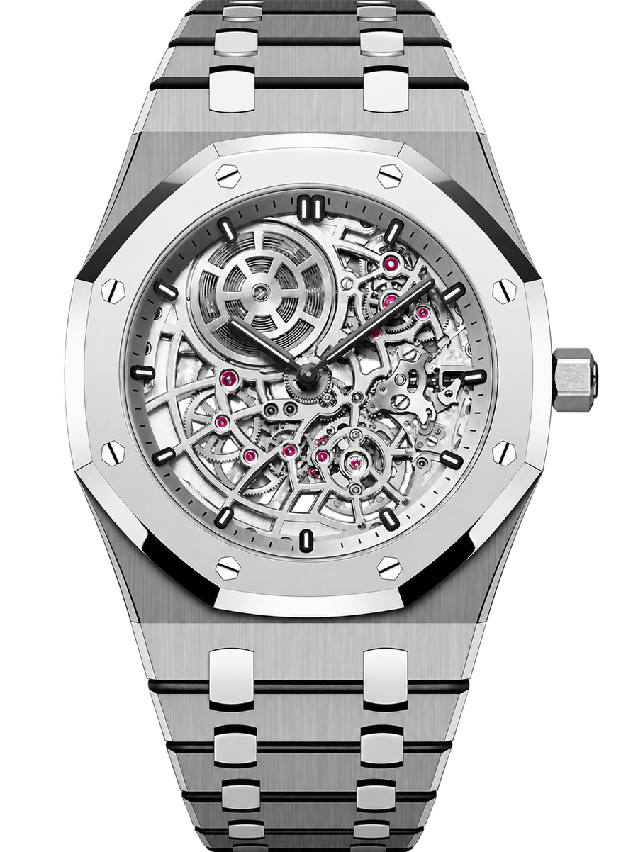 Monochrome Silver-Tone Skeleton Open-Work Watch – Integrated Bracelet