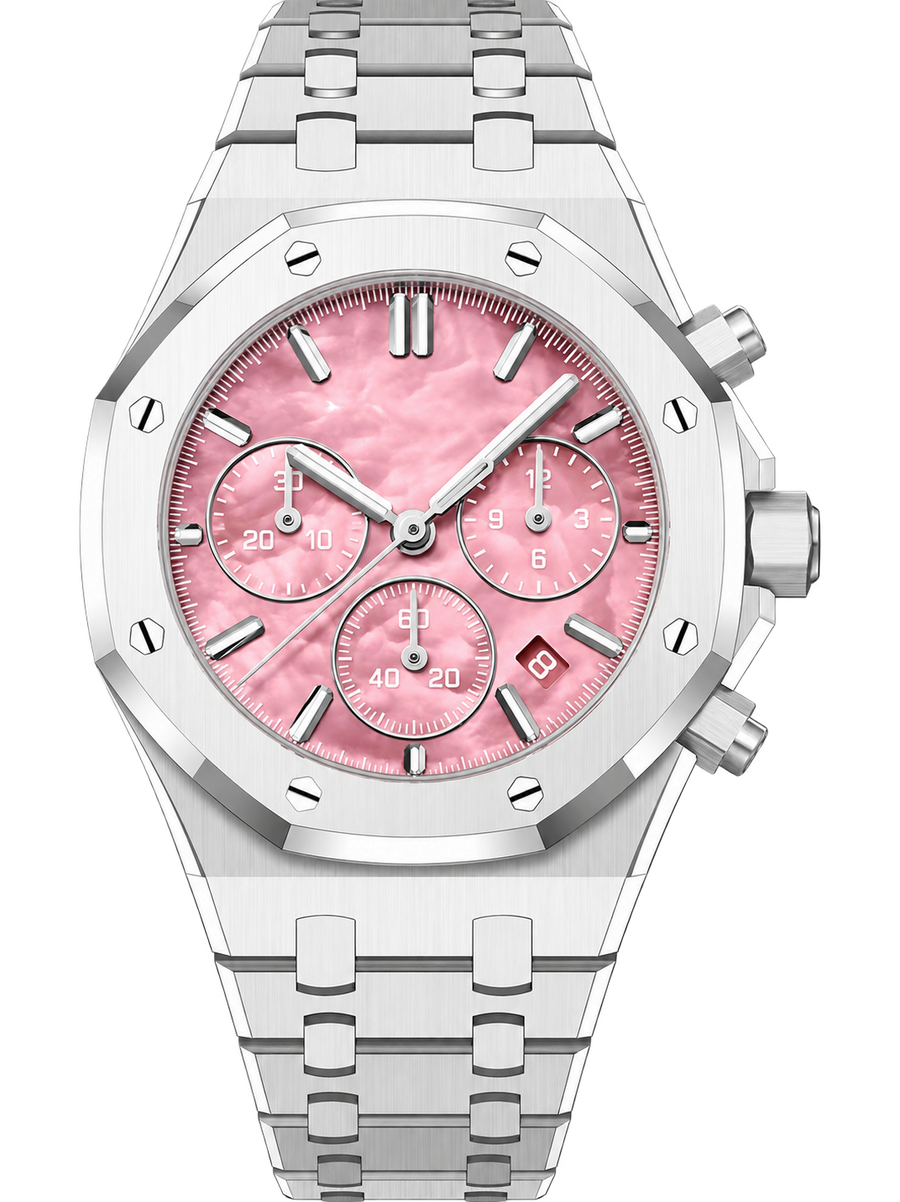 Pink Multi-Display Sport Watch – Silver-Tone Integrated Bracelet