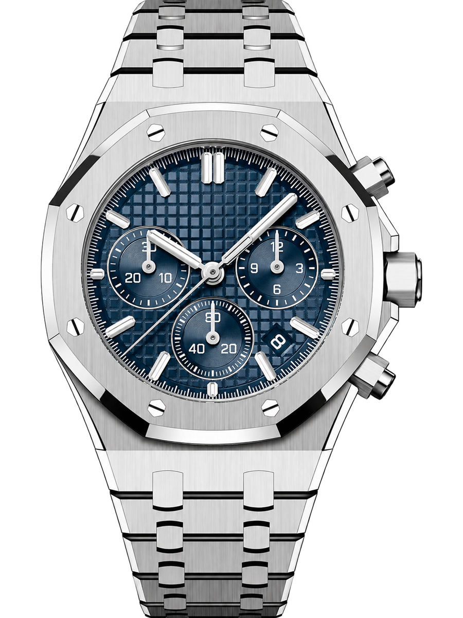 Silver-Tone Blue Multi-Display Sport Watch – Integrated Bracelet