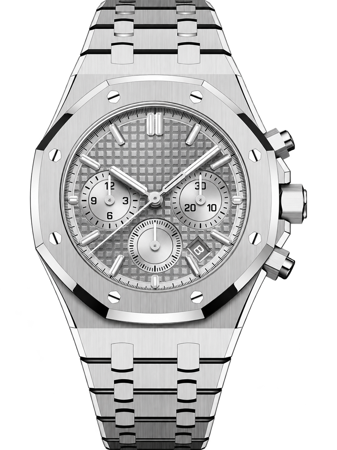 Silver-Tone White Multi-Display Sport Watch – Integrated Bracelet