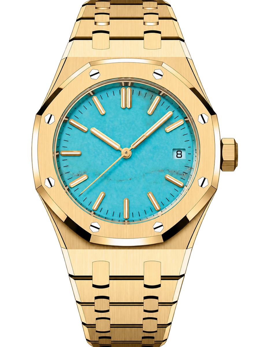 Gold-Tone Turquoise Stone-Inspired Watch – Integrated Bracelet