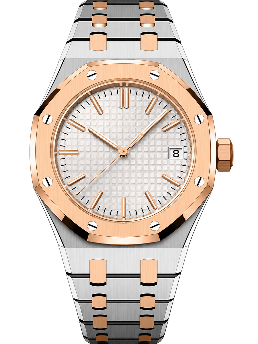 Two-Tone White Textured Watch – Integrated Bracelet