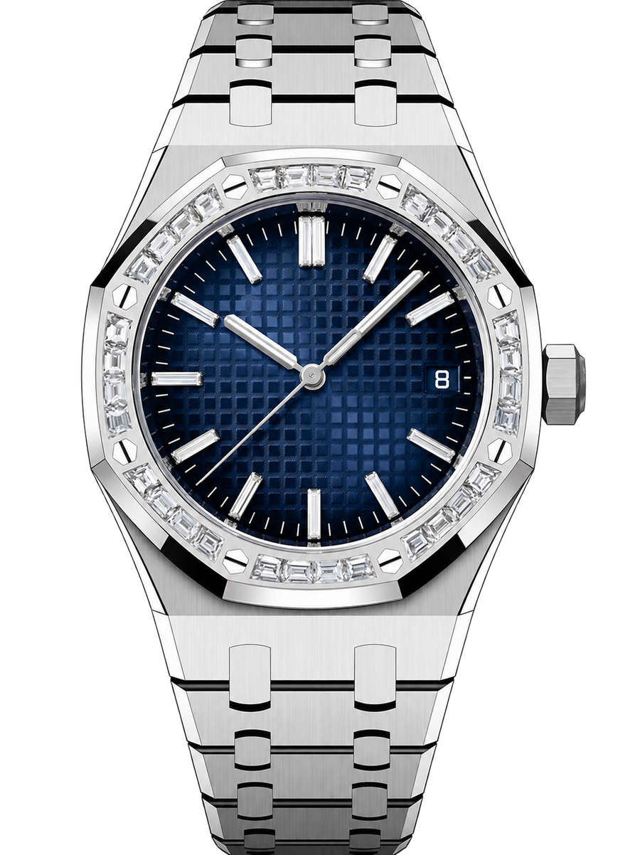 Silver-Tone Deep Blue Watch – Crystal-Style Bezel & Integrated Bracelet