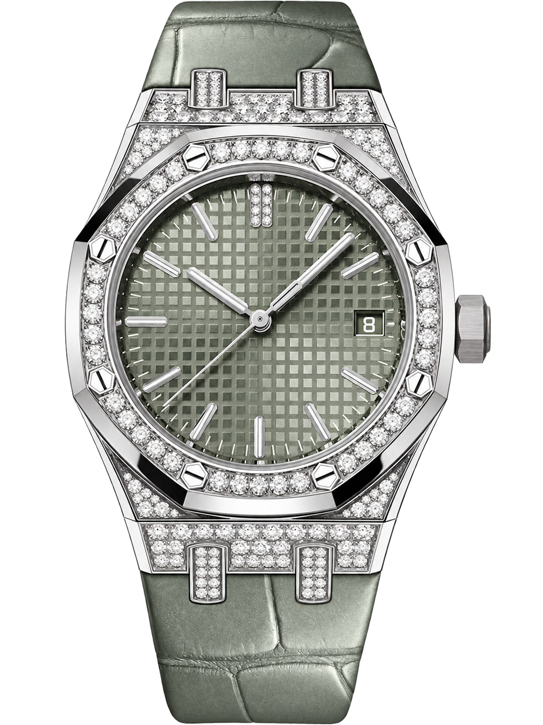 Silver-Tone Sage Green Crystal-Set Watch – Green Strap