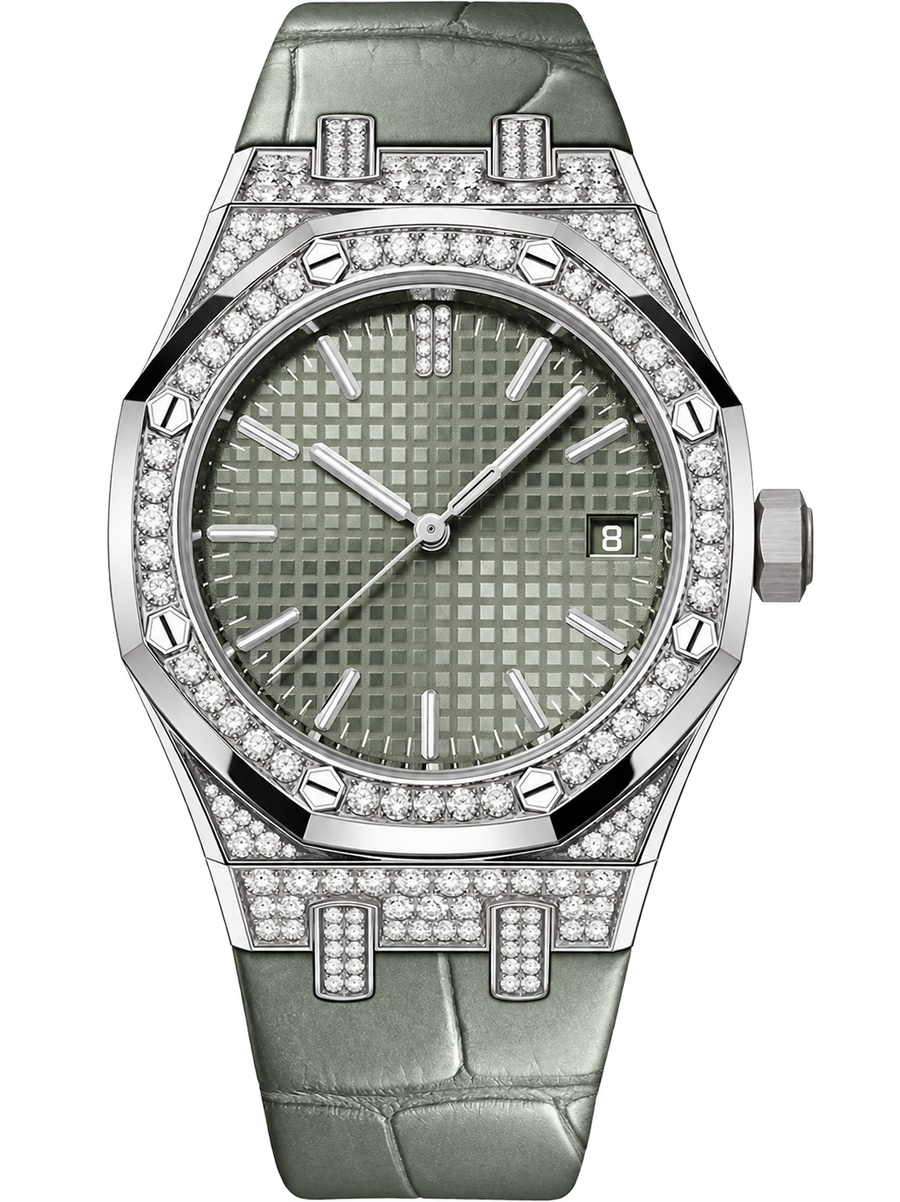 Silver-Tone Sage Green Crystal-Set Watch – Green Strap
