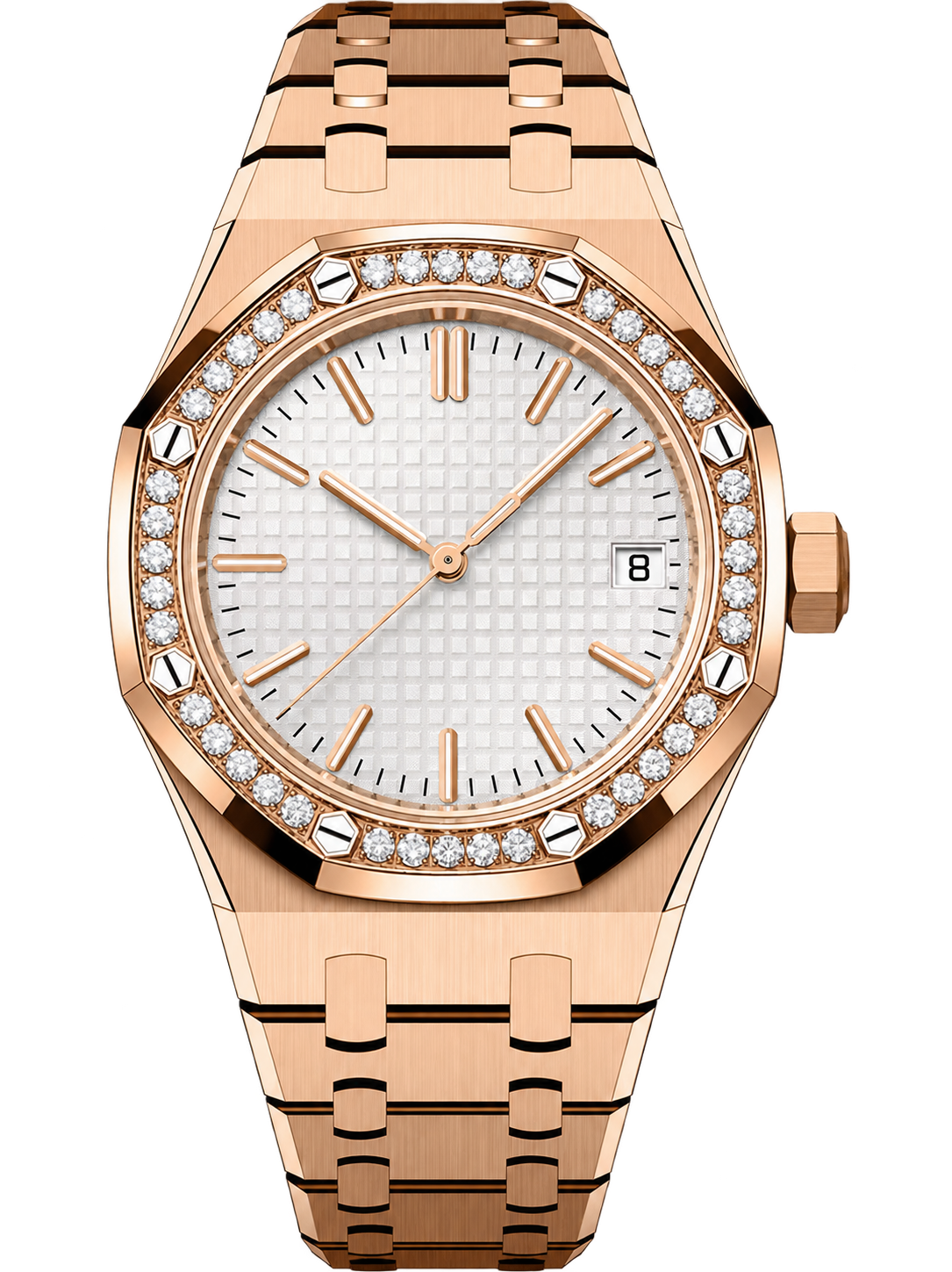 Rose Gold-Tone White Textured Crystal-Bezel Watch – Integrated Bracelet