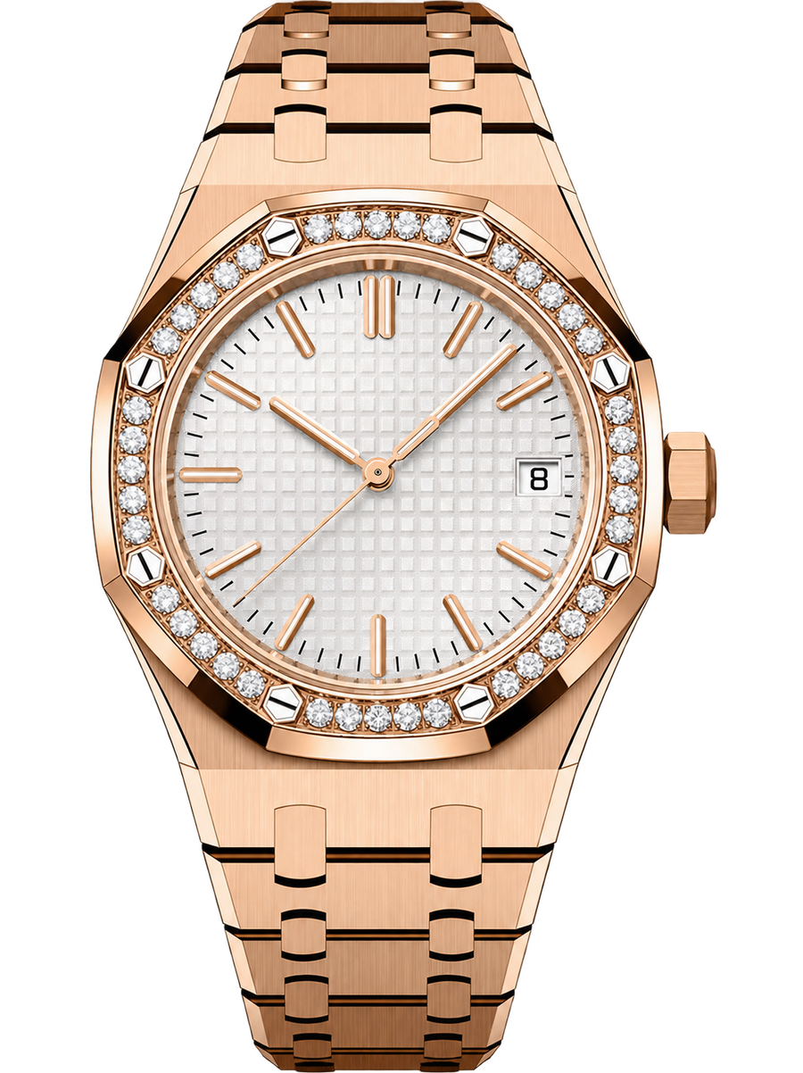 Rose Gold-Tone White Textured Crystal-Bezel Watch – Integrated Bracelet