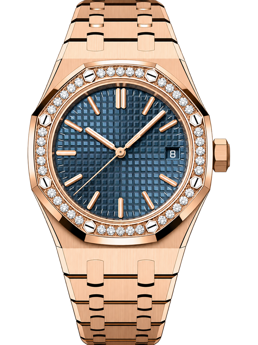 Rose Gold-Tone Blue Crystal-Bezel Watch – Integrated Bracelet
