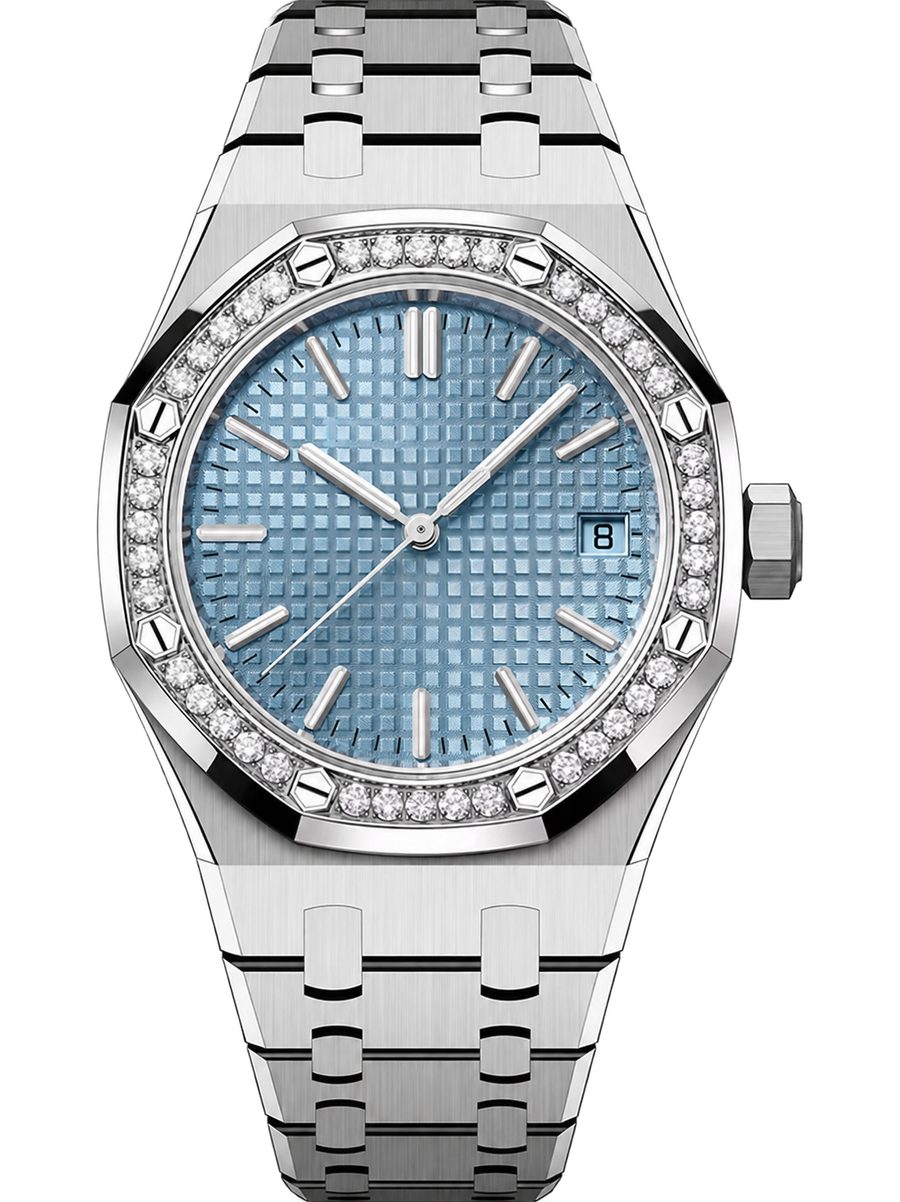 Silver-Tone Ice Blue Crystal-Bezel Watch – Integrated Bracelet
