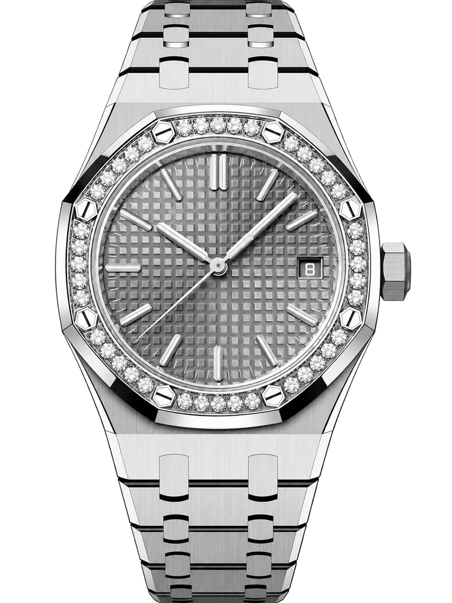 Silver-Tone Grey Crystal-Bezel Watch – Integrated Bracelet