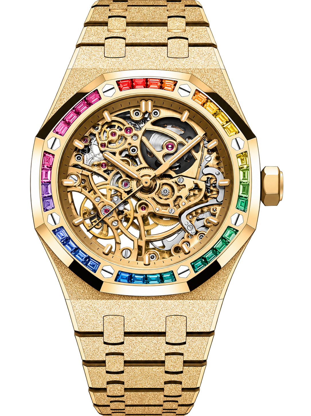 Frosted Gold-Tone Rainbow Skeleton Watch – Integrated Bracelet
